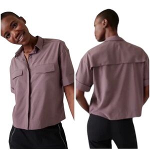 Athleta XL Mauve Purple Hike Packable Button Front Boxy Fit Short Sleeve Shirt